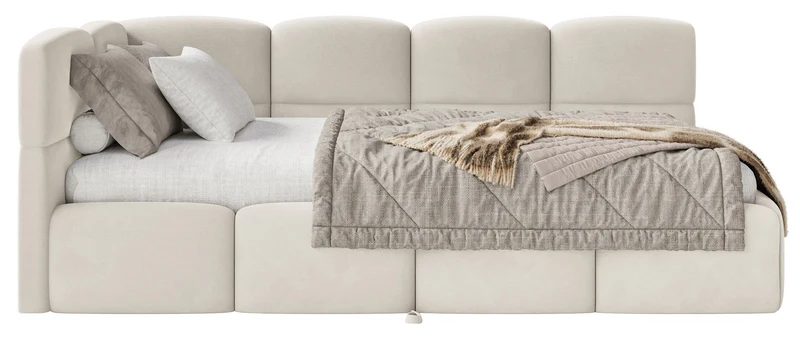 Jugendbett 90x200 cm Cloudy, links ausziehbar, mit Matratzen, hellbeiger Velours, wasserabweisend und pflegeleicht