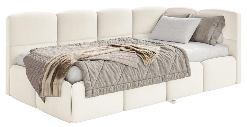 Jugendbett 90x200 cm Cloudy, rechtsseitig ausziehbar, mit Matratzen, cremefarbener Velours, wasserabweisend und pflegeleicht