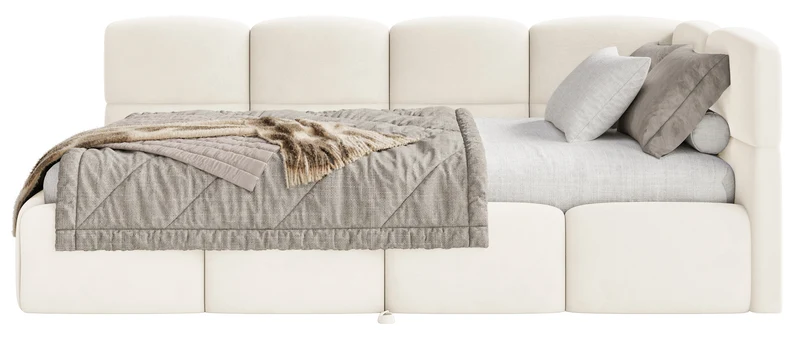 Jugendbett 90x200 cm Cloudy, rechtsseitig ausziehbar, mit Matratzen, cremefarbener Velours, wasserabweisend und pflegeleicht