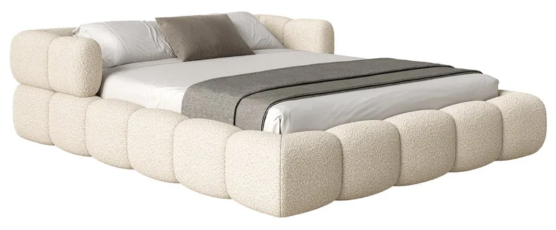 Upholstered bed 180x200 cm Stormi, roll-up slatted frame, cream chenille