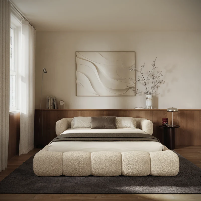 Upholstered bed 180x200 cm Stormi, roll-up slatted frame, cream chenille