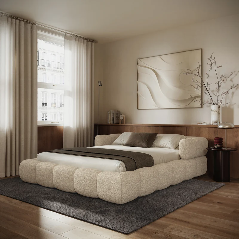 Upholstered bed 180x200 cm Stormi, roll-up slatted frame, cream chenille