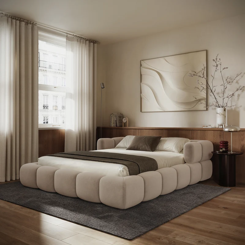 Upholstered bed 120x200 cm Stormi, rollable frame, beige chenille, hydrophobic, easy-clean