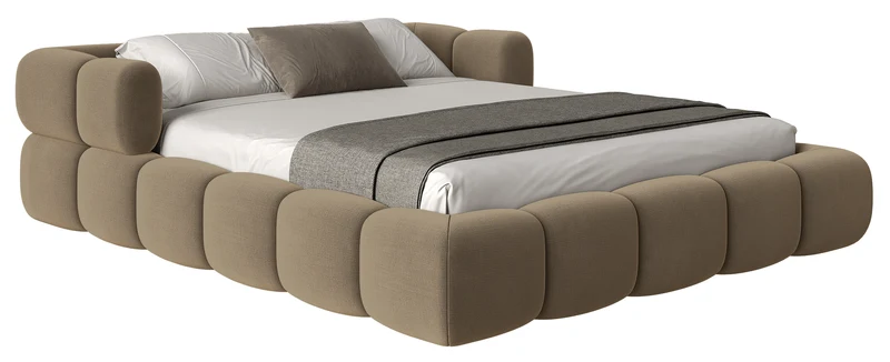 Upholstered bed 160x200 cm Stormi, rollable frame, light brown hydrophobic chenille, easy-clean