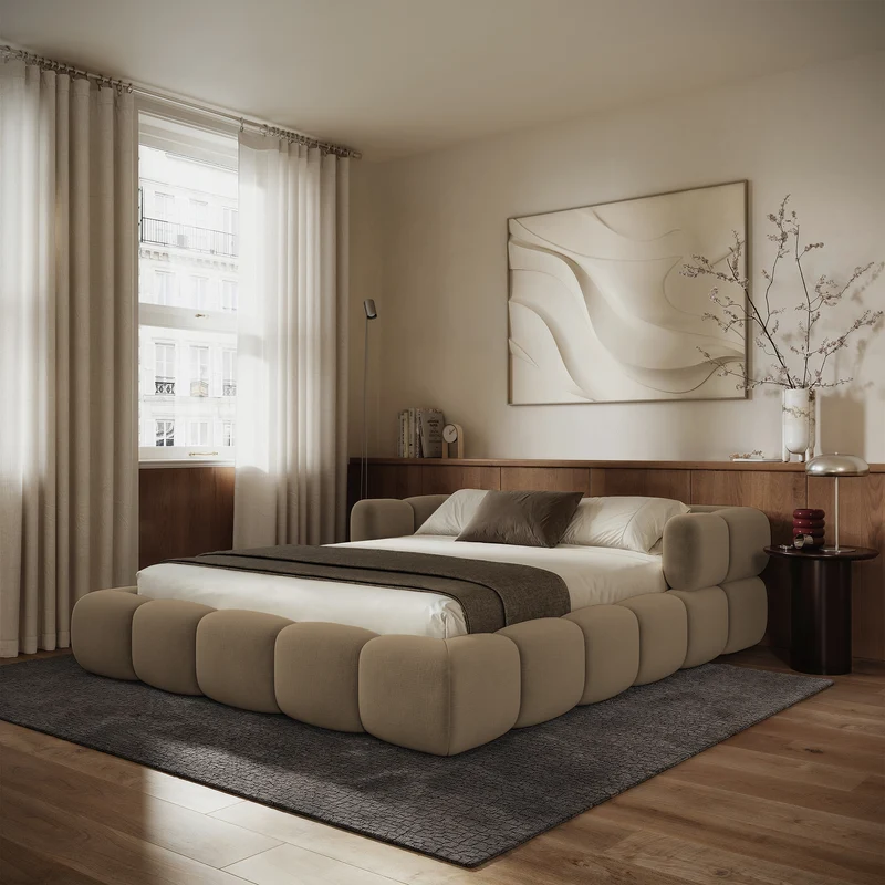 Upholstered bed 160x200 cm Stormi, rollable frame, light brown hydrophobic chenille, easy-clean