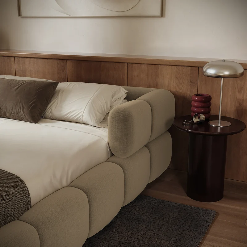 Upholstered bed 160x200 cm Stormi, rollable frame, light brown hydrophobic chenille, easy-clean