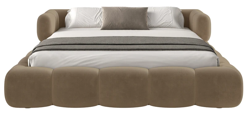 Upholstered bed 160x200 cm Stormi, rollable frame, light brown hydrophobic chenille, easy-clean