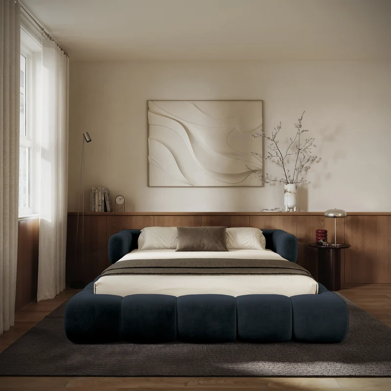 Upholstered bed 200x200 cm Stormi, rollable frame, navy blue chenille, hydrophobic, easy-clean