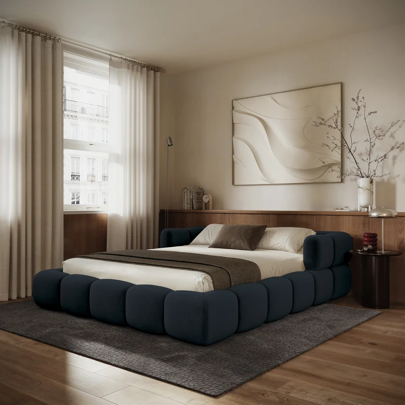 Upholstered bed 200x200 cm Stormi, rollable frame, navy blue chenille, hydrophobic, easy-clean