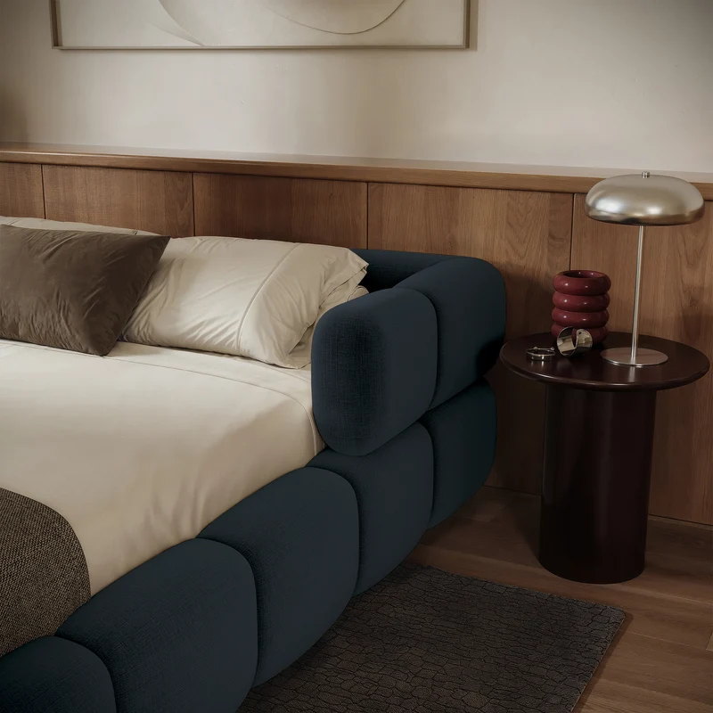 Upholstered bed 200x200 cm Stormi, rollable frame, navy blue chenille, hydrophobic, easy-clean