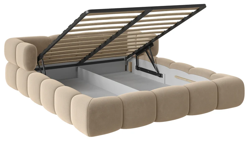 Upholstered bed 200x200 cm Stormi with storage, metal frame, beige chenille, hydrophobic, easy-clean