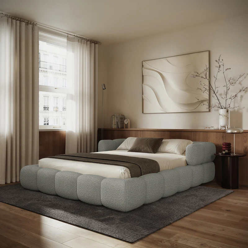 Polsterbett 160x200 cm Stormi mit Rollrost, hellgrauer Chenille