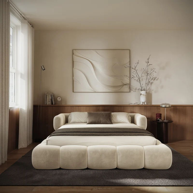 Upholstered bed 120x200 cm Stormi, roll-up slatted frame, cream chenille, water-repellent and easy-clean