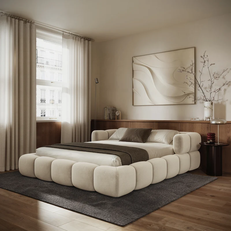 Upholstered bed 120x200 cm Stormi, roll-up slatted frame, cream chenille, water-repellent and easy-clean