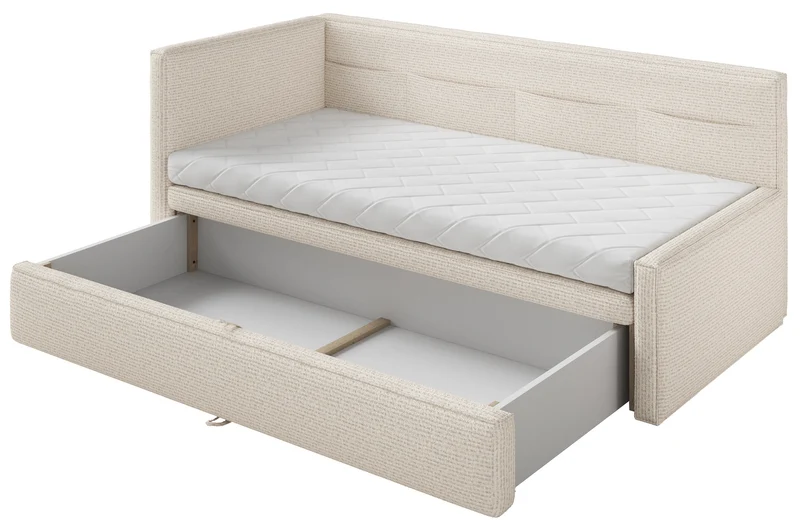 Jugendbett 90x200 cm Nesmi links mit Stauraum hellbeige Geflecht