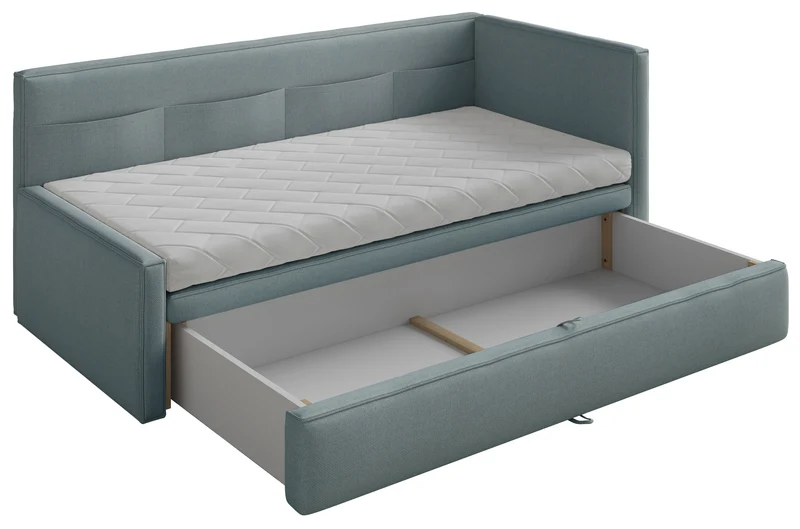 Jugendbett 90x200 cm Nesmi rechtsseitig mit Stauraum, blau, pflegeleichter Chenille