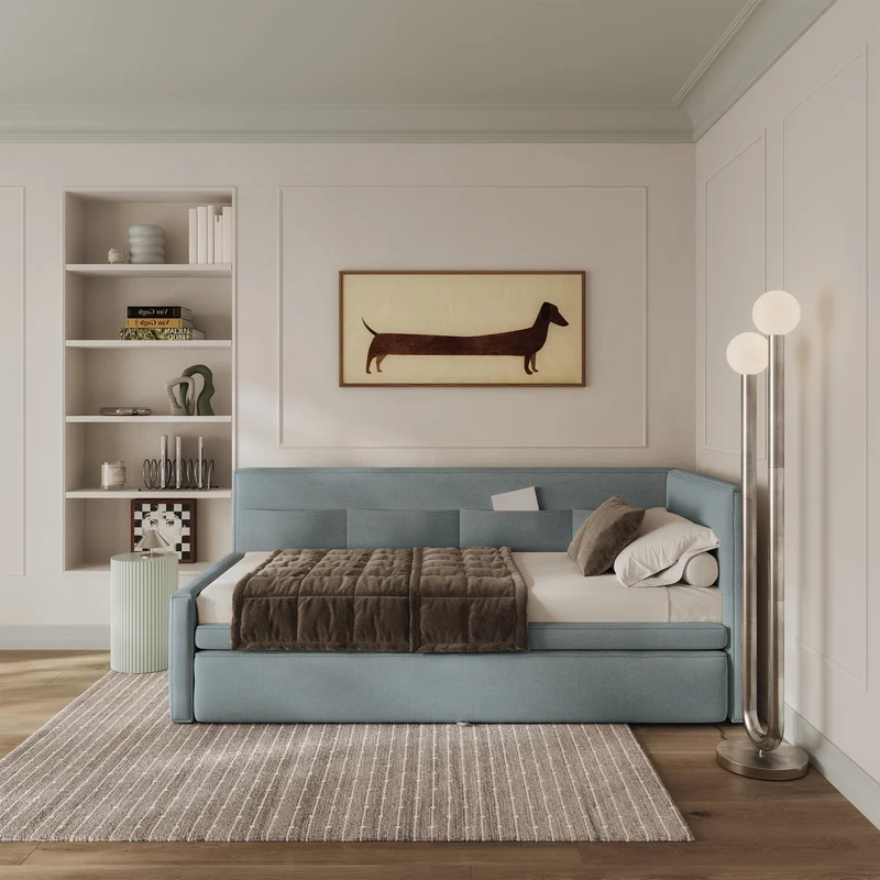 Jugendbett 90x200 cm Nesmi rechtsseitig mit Stauraum, blau, pflegeleichter Chenille