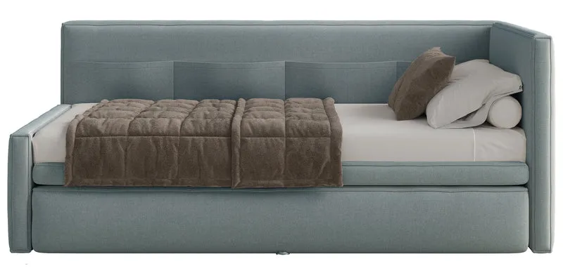 Jugendbett 90x200 cm Nesmi rechtsseitig mit Stauraum, blau, pflegeleichter Chenille
