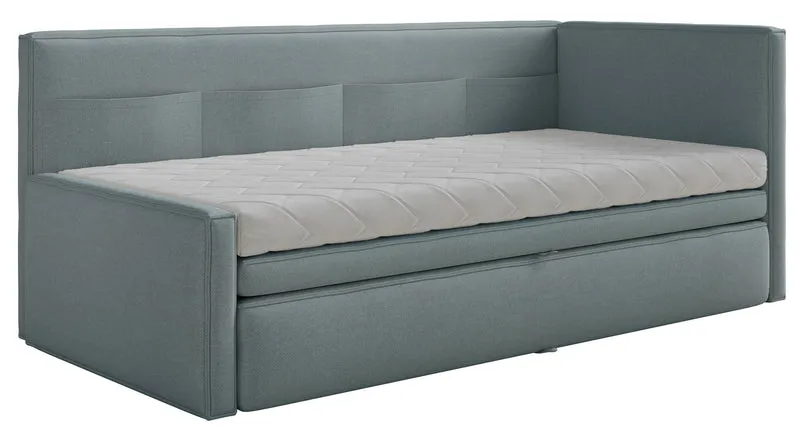 Jugendbett 90x200 cm Nesmi rechtsseitig mit Stauraum, blau, pflegeleichter Chenille