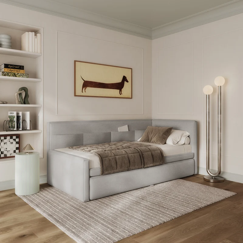 Jugendbett 90x200 cm Nesmi rechtsseitig mit Matratze und Stauraum hellgrauer Chenille-Stoff, pflegeleicht