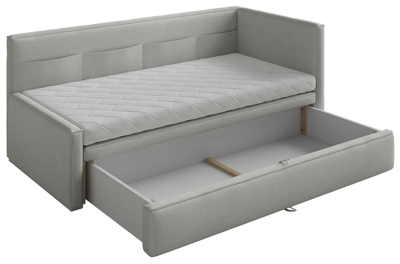 Jugendbett 90x200 cm Nesmi rechtsseitig mit Matratze und Stauraum hellgrauer Chenille-Stoff, pflegeleicht