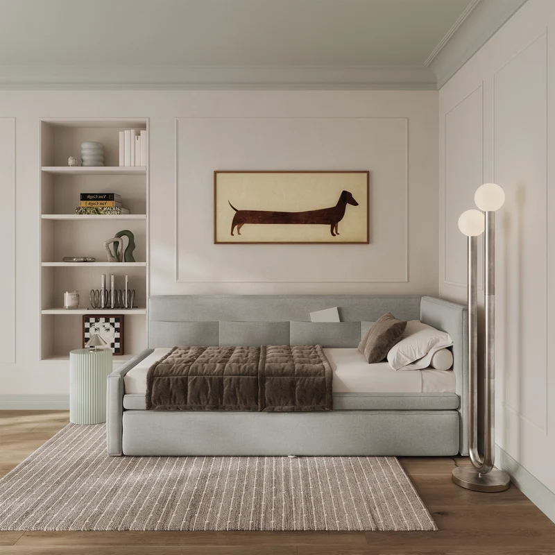 Jugendbett 90x200 cm Nesmi rechtsseitig mit Matratze und Stauraum hellgrauer Chenille-Stoff, pflegeleicht
