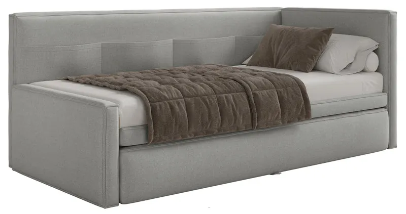 Jugendbett 90x200 cm Nesmi rechtsseitig mit Matratze und Stauraum hellgrauer Chenille-Stoff, pflegeleicht
