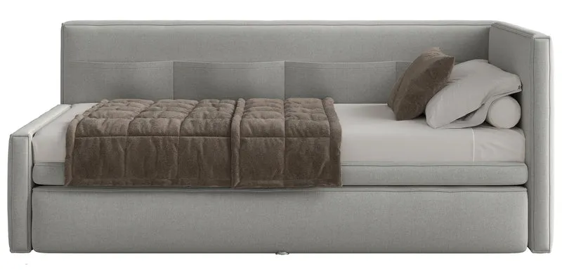 Jugendbett 90x200 cm Nesmi rechtsseitig mit Matratze und Stauraum hellgrauer Chenille-Stoff, pflegeleicht