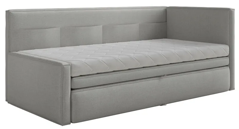 Jugendbett 90x200 cm Nesmi rechtsseitig mit Matratze und Stauraum hellgrauer Chenille-Stoff, pflegeleicht