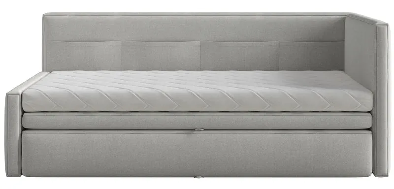 Jugendbett 90x200 cm Nesmi rechtsseitig mit Matratze und Stauraum hellgrauer Chenille-Stoff, pflegeleicht