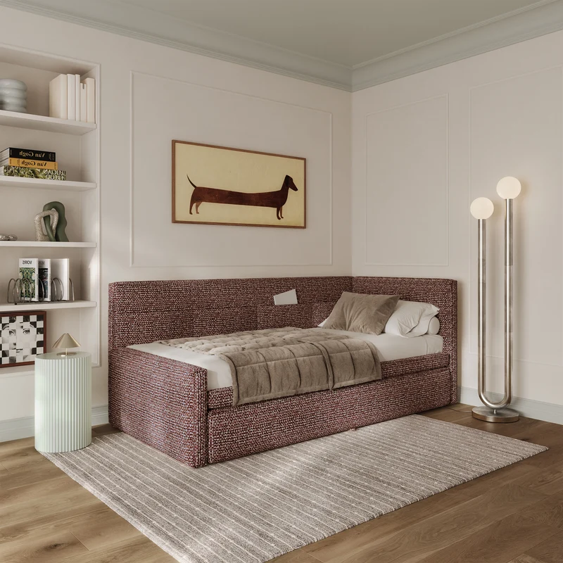 Jugendbett 90x200 cm Nesmi, ausziehbar, rechtsseitig, mit Matratzen, braunes Geflecht