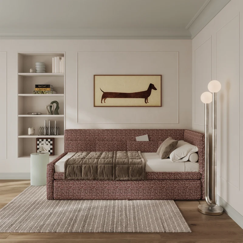 Jugendbett 90x200 cm Nesmi, ausziehbar, rechtsseitig, mit Matratzen, braunes Geflecht