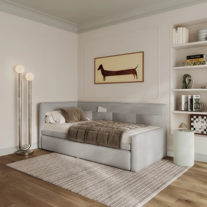 Jugendbett 90x200 cm Nesmi, links ausziehbar, mit hellgrauen, pflegeleichten Chenille-Matratzen