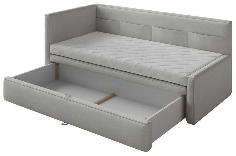 Jugendbett 90x200 cm Nesmi linksseitig mit Matratze und Stauraum hellgrauer, pflegeleichter Chenillestoff
