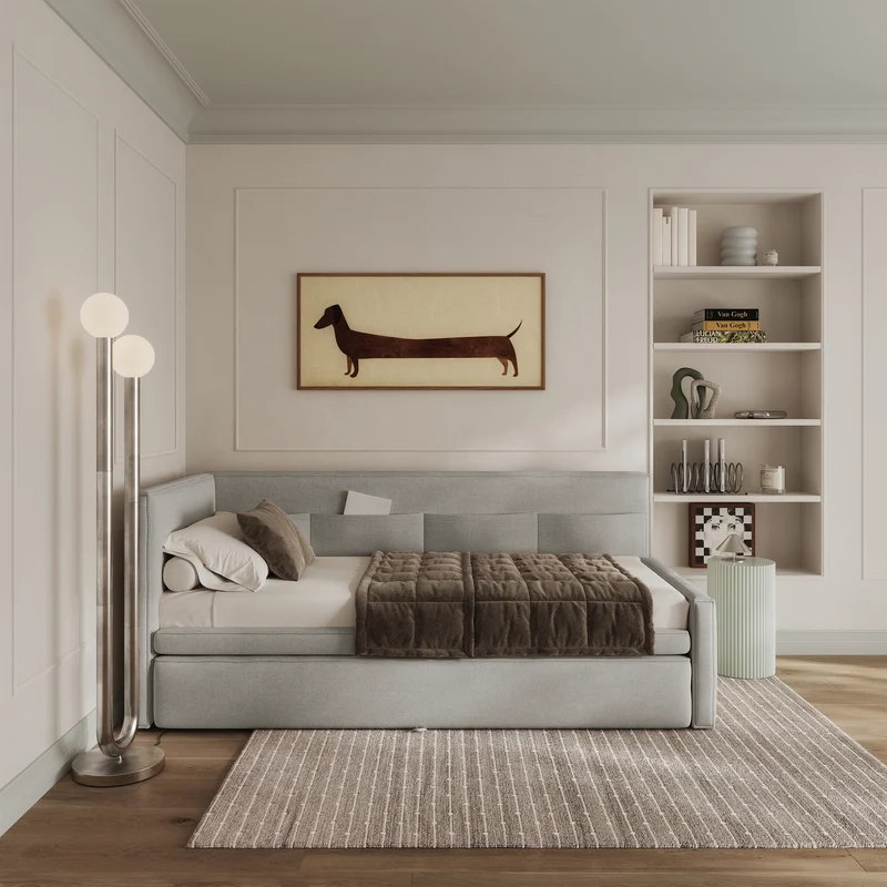 Jugendbett 90x200 cm Nesmi, links ausziehbar, mit hellgrauen, pflegeleichten Chenille-Matratzen