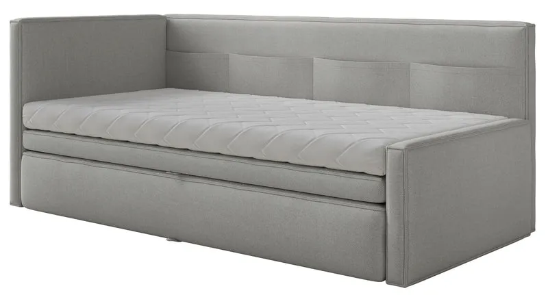 Jugendbett 90x200 cm Nesmi, links ausziehbar, mit hellgrauen, pflegeleichten Chenille-Matratzen