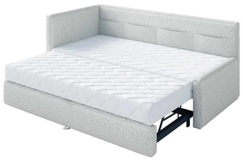 Jugendbett 90x200 cm Nesmi, links ausziehbar, mit Matratzen, hellblaue Flechtung