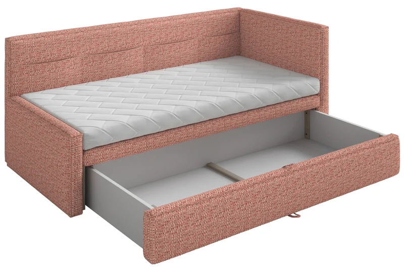 Jugendbett 90x200 cm Nesmi rechtsseitig mit Matratze und Stauraum, rosa Flechtoptik