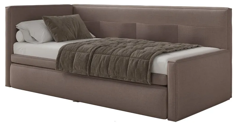 Jugendbett 90x200 cm Nesmi, links ausziehbar, mit Matratzen, hellbrauner Chenille, pflegeleicht