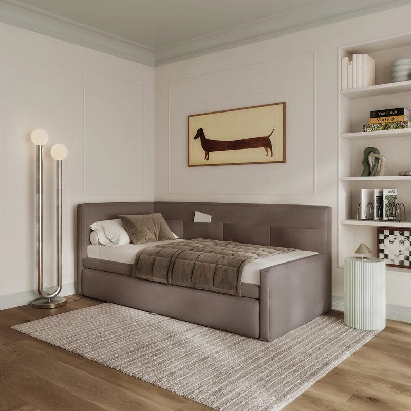 Jugendbett 90x200 cm Nesmi, links ausziehbar, mit Matratzen, hellbrauner Chenille, pflegeleicht