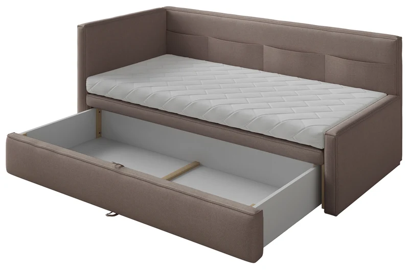 Jugendbett 90x200 cm Nesmi linksseitig mit Matratze und Stauraum hellbrauner Chenille, pflegeleicht