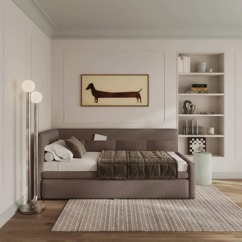 Jugendbett 90x200 cm Nesmi, links ausziehbar, mit Matratzen, hellbrauner Chenille, pflegeleicht