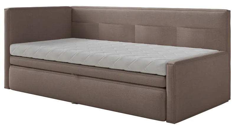 Jugendbett 90x200 cm Nesmi, links ausziehbar, mit Matratzen, hellbrauner Chenille, pflegeleicht