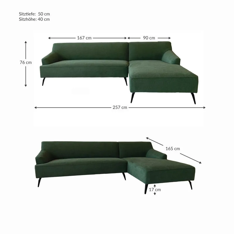 Ecksofa | Lars 11 in Tannengrün mit Metall-Füßen