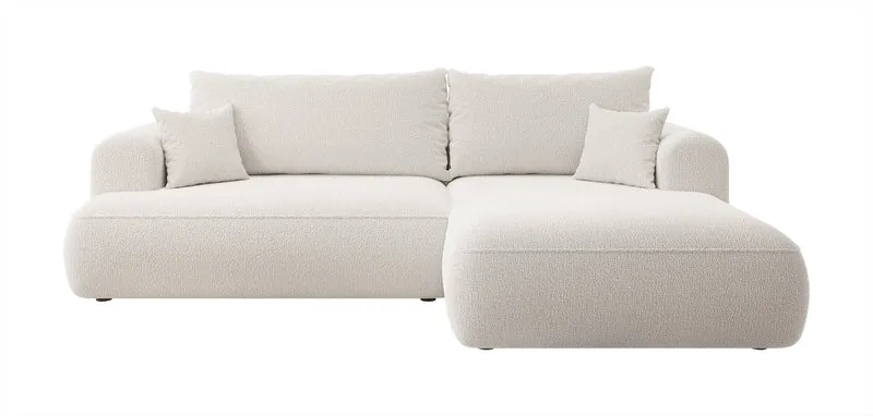 Ecksofa mit Schlaffunktion Ovo, L-förmig, cremefarben, mit Stauraum, Bouclé, rechtsseitig