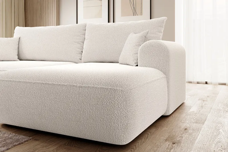 Ecksofa mit Schlaffunktion Ovo, L-förmig, cremefarben, mit Stauraum, Bouclé, rechtsseitig