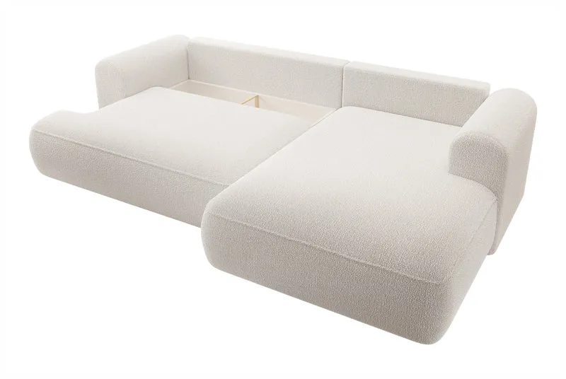 Ecksofa mit Schlaffunktion Ovo, L-förmig, cremefarben, mit Stauraum, Bouclé, rechtsseitig