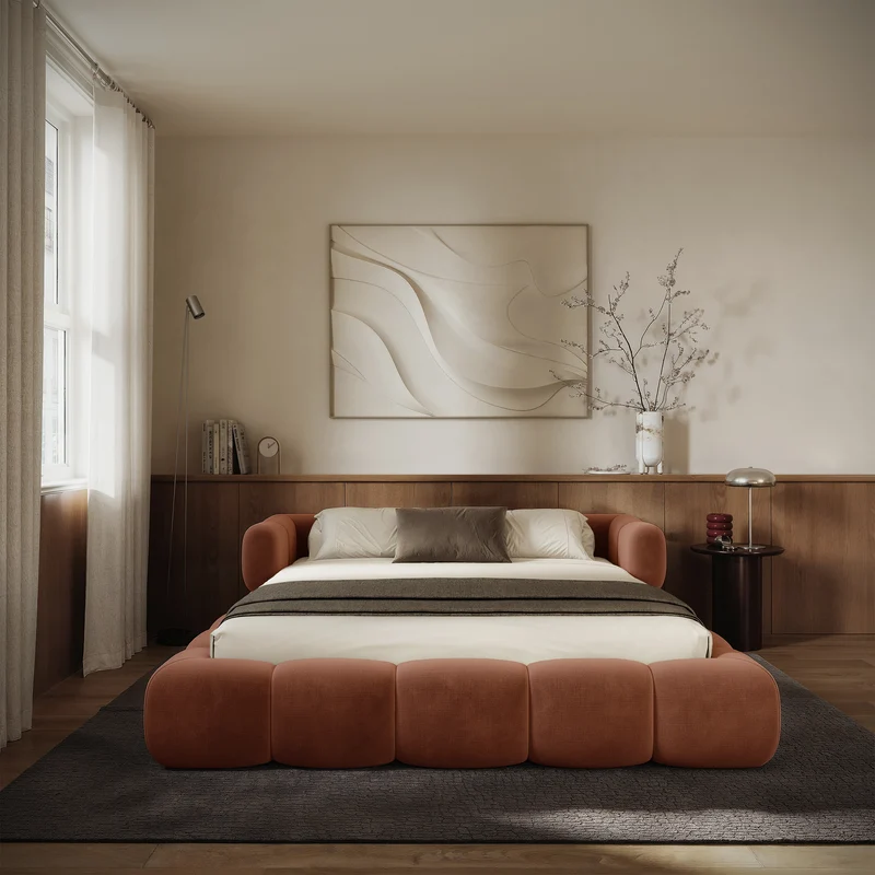 Upholstered bed 160x200 cm Stormi, rollable frame, copper chenille, hydrophobic, easy-clean
