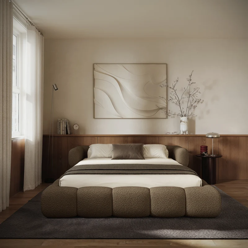 Polsterbett 180x200 cm Stormi mit Rollrost, hellbrauner Chenillestoff