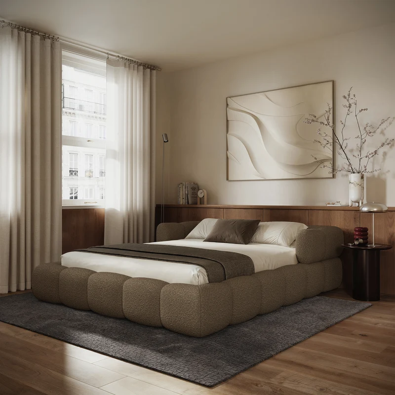 Polsterbett 180x200 cm Stormi mit Rollrost, hellbrauner Chenillestoff